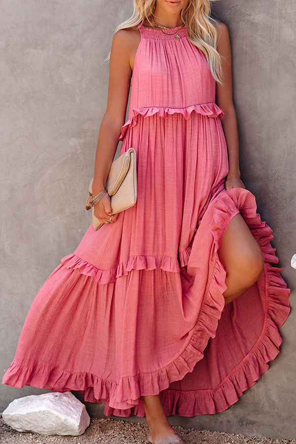 Vittoria Shirred Ruffle Tiered Maxi Halter Dress