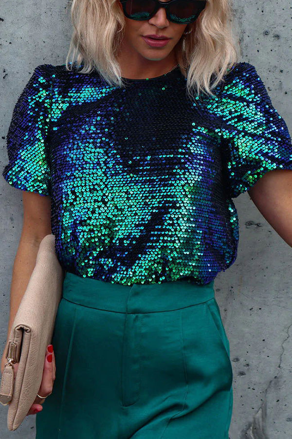 Sparkle Night Sequin Puff Sleeve Top