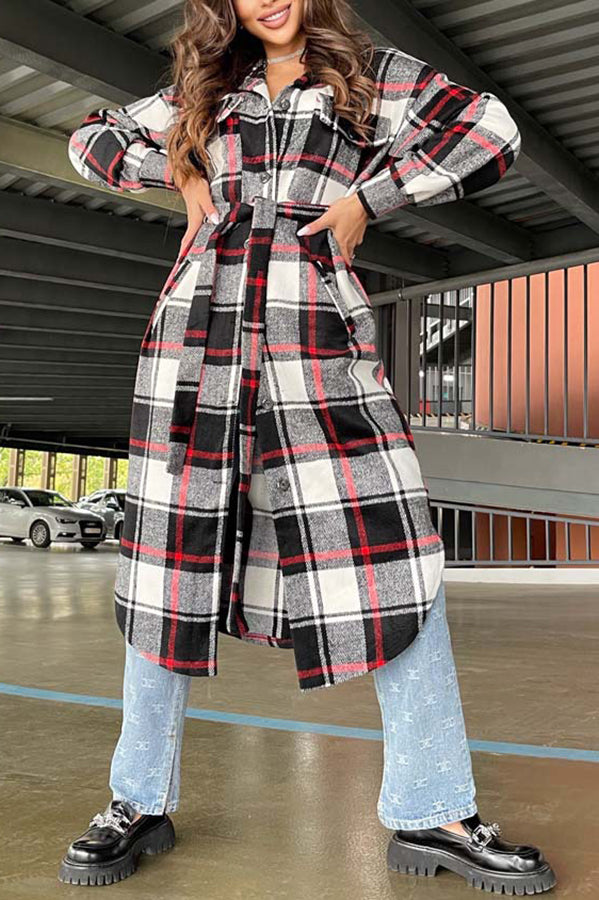 Warm on Up Belted Plaid Midi Coat