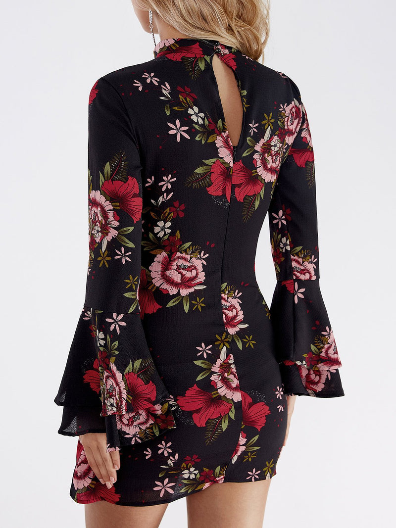 Random Floral Print Perkins Collar Flared Sleeves Mini Dress