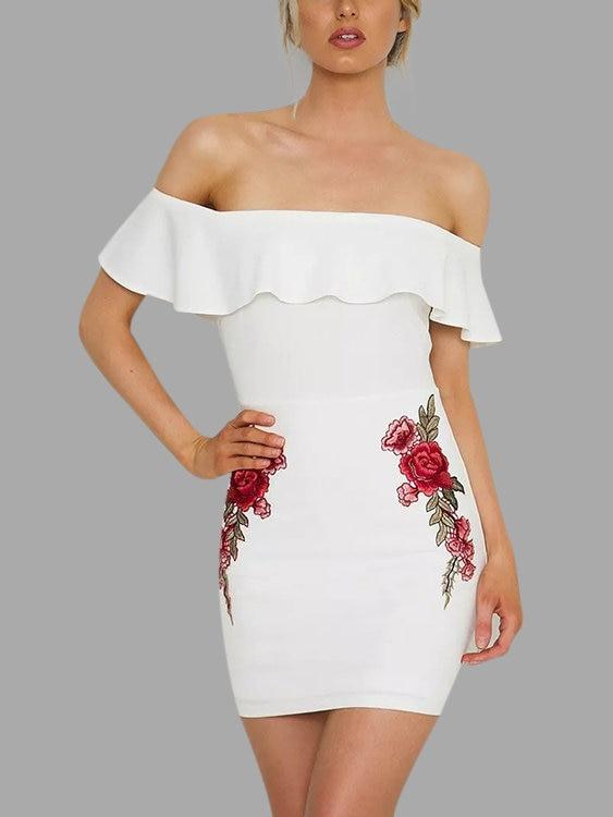 Zip Design Floral Embroidered Off The Shoulder Dresses