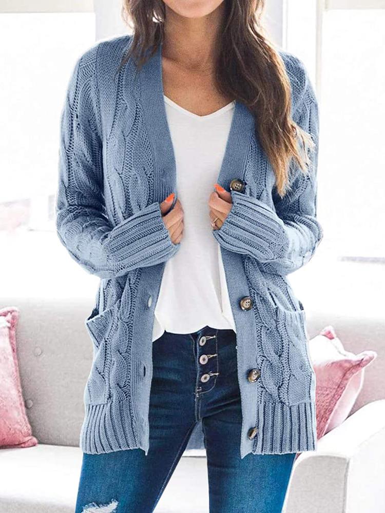 Cardigan en Tricot Unie avec Boutons Torsadés et Poches