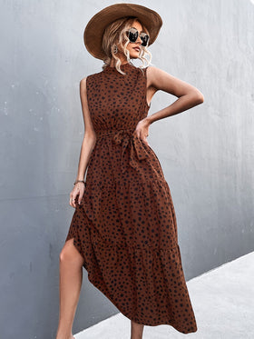 Dot Print Sleeveless High Neck Belt Waist Maxi Dress