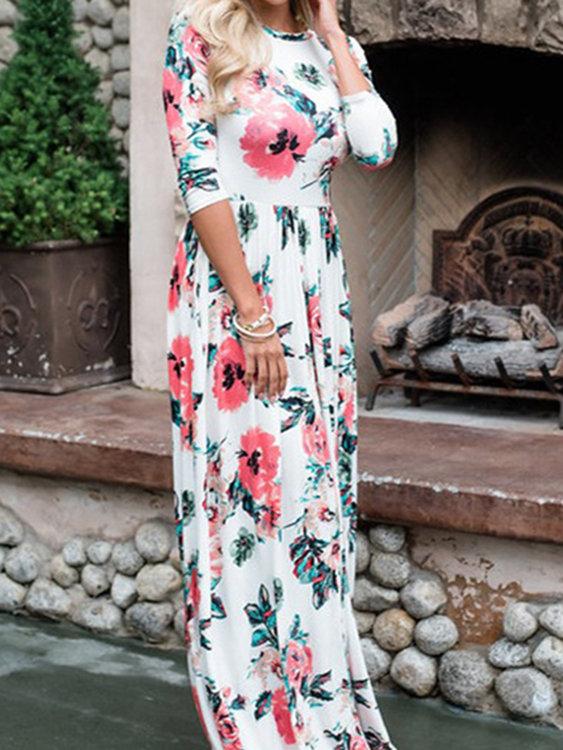 White Random Floral Print 3-4 Length Sleeves Maxi Dresses