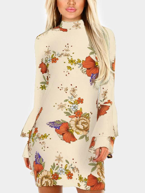 Random Floral Print Perkins Collar Flared Sleeves Mini Dress