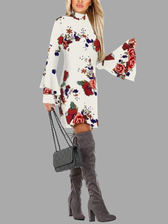 Random Floral Print Perkins Collar Flared Sleeves Mini Dress