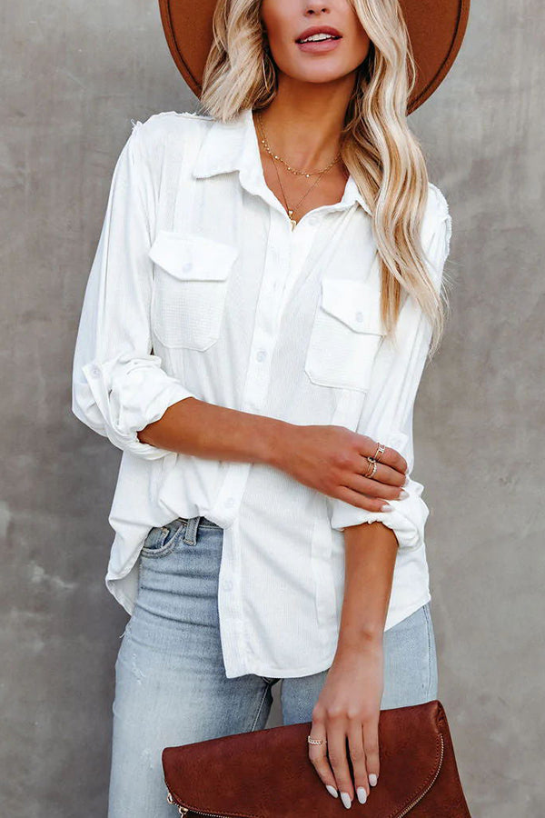 Mina Button Down Pocketed Waffle Shirt Top