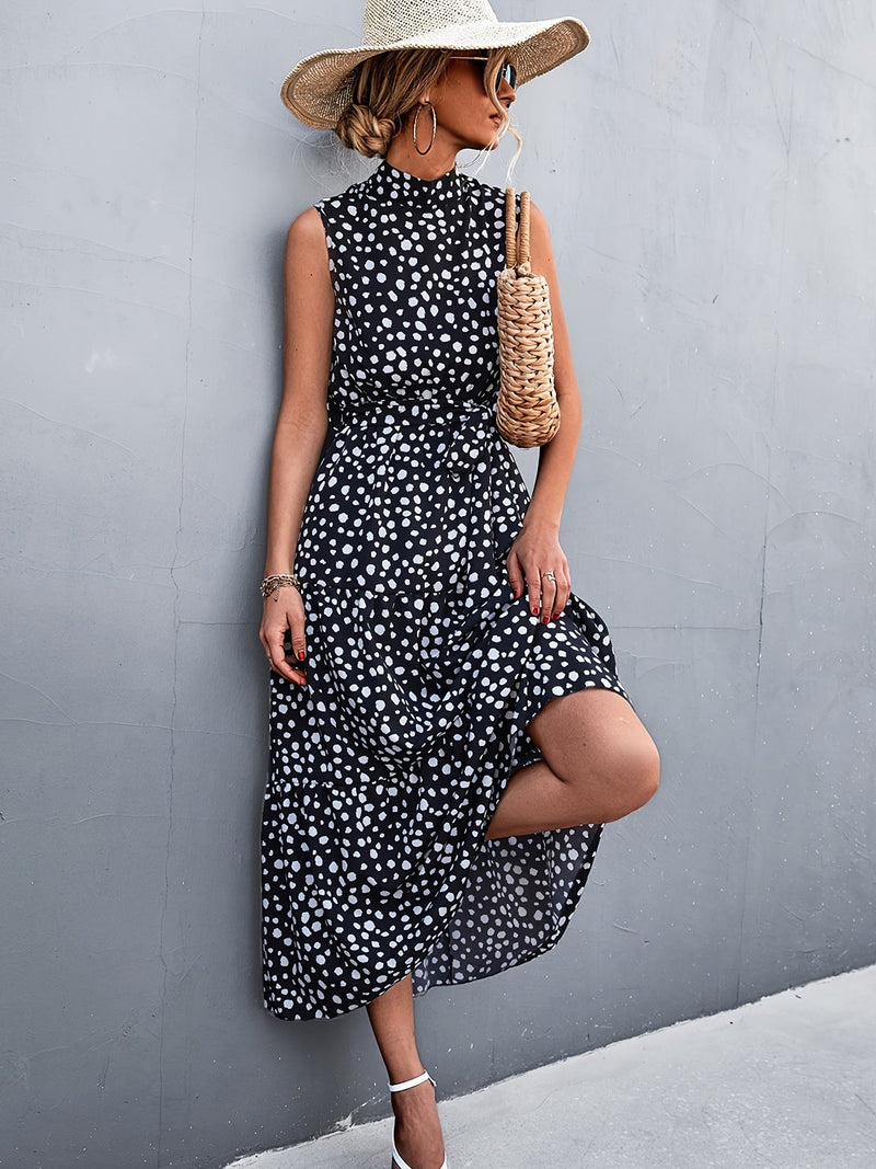 Dot Print Sleeveless High Neck Belt Waist Maxi Dress