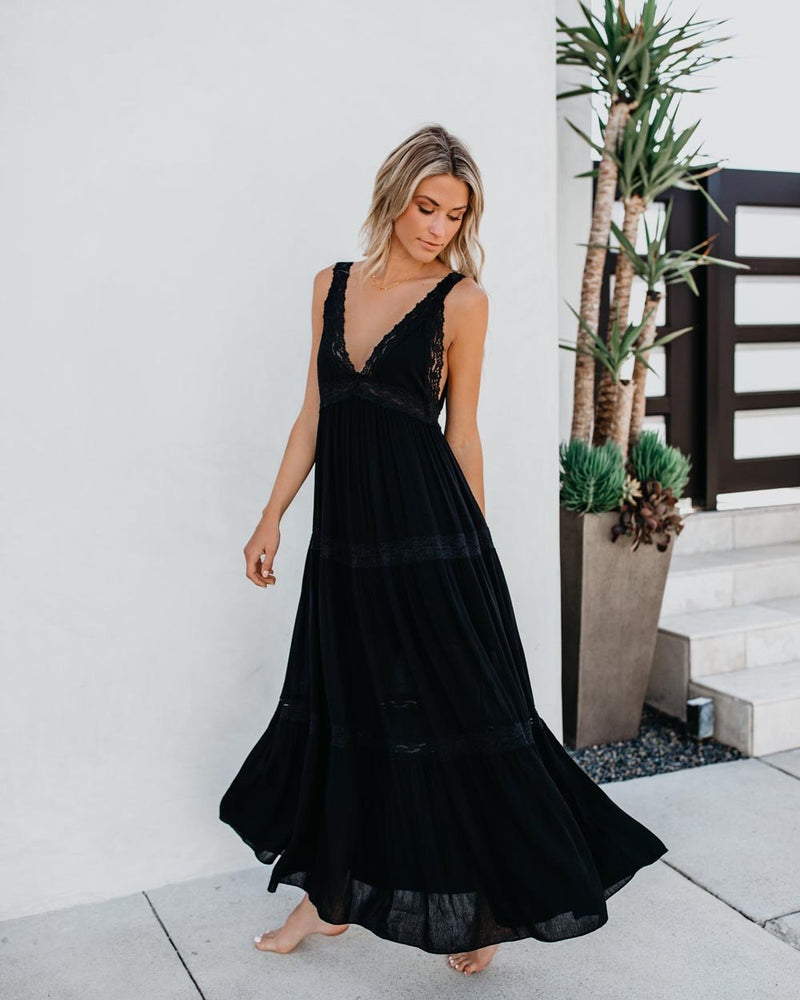 Robe Longue Dos Nu avec Col en V Noire