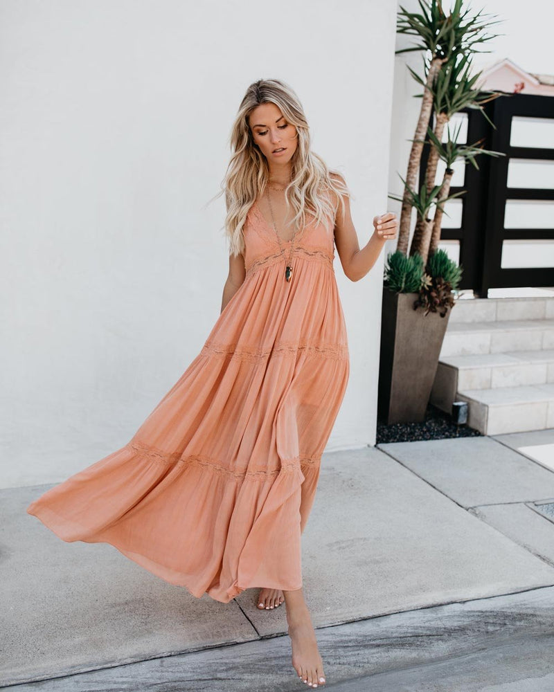 Maxi Robe Col en V sans Manches Rose Claire - CA Mode