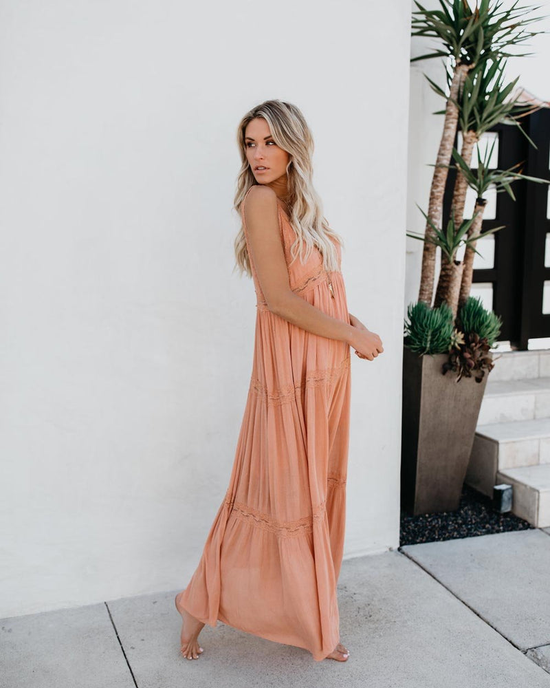 Maxi Robe Col en V sans Manches Rose Claire - CA Mode