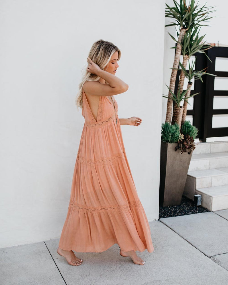 Maxi Robe Col en V sans Manches Rose Claire - CA Mode