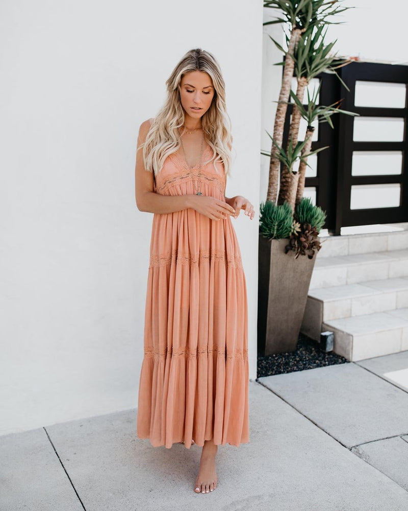 Maxi Robe Col en V sans Manches Rose Claire - CA Mode