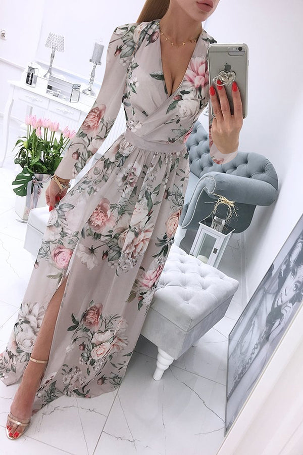 Robe Maxi Fendue Floral Col V Profond Manches Longues