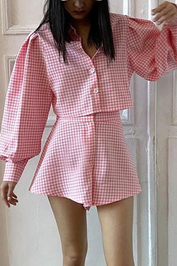 Plaid Button Crop Shirt Shorts Set