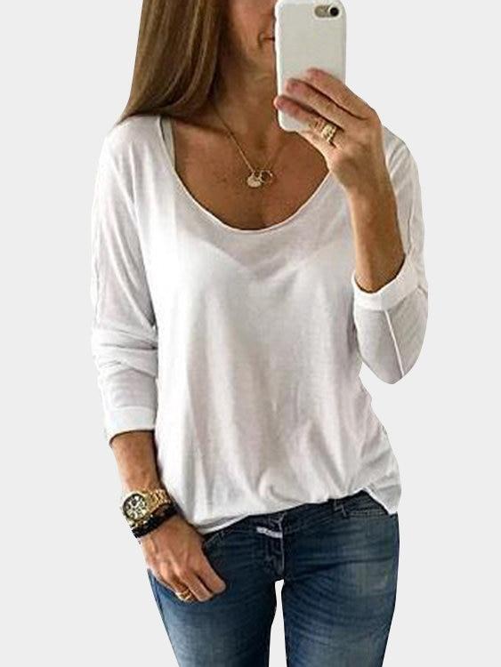 White Scoop Neck Long Sleeves Tee