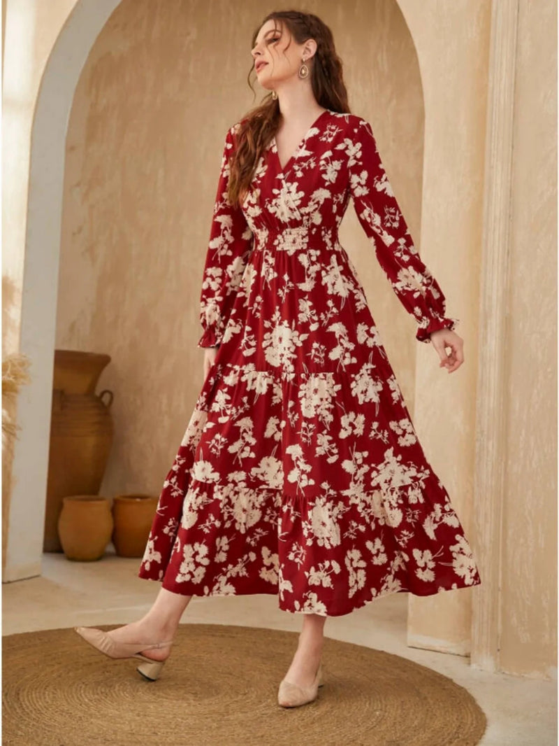 Robe Maxi Décontractée Manches Longues Imprimé Floral