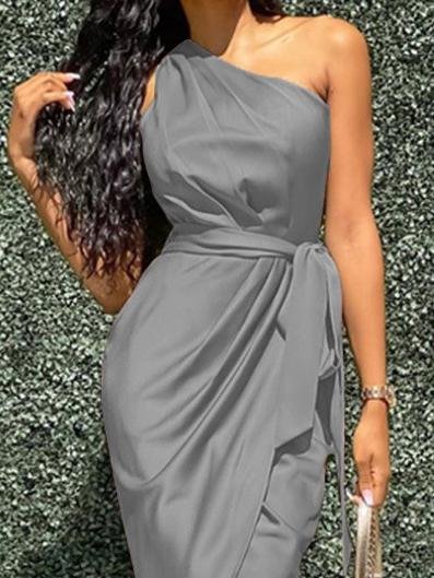 Elegant Slanted Shoulder Sleeveless Long Dress