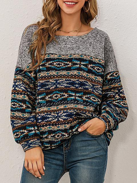 Pull Col Rond Patchwork Imprimé Ethnique