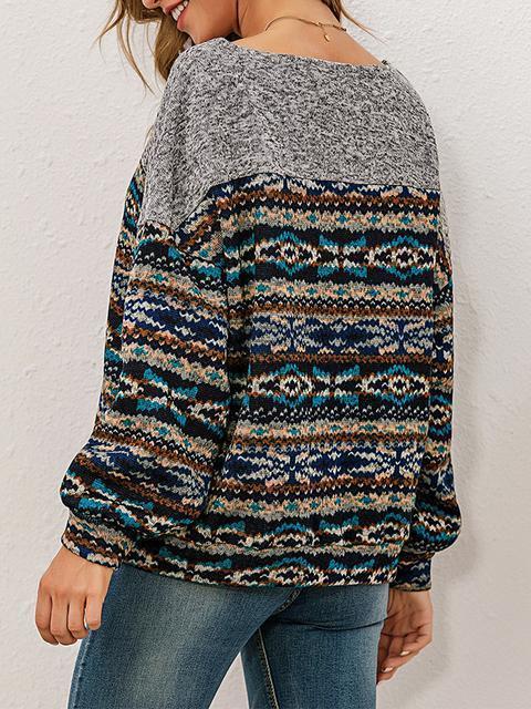 Pull Col Rond Patchwork Imprimé Ethnique