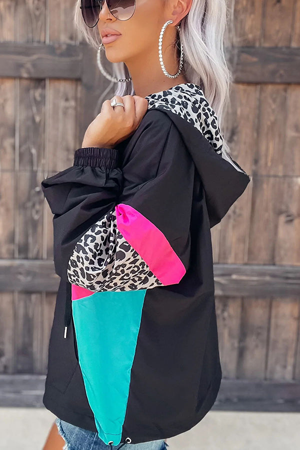 Playful Leopard Contrast Pocketed  Windbreaker Top