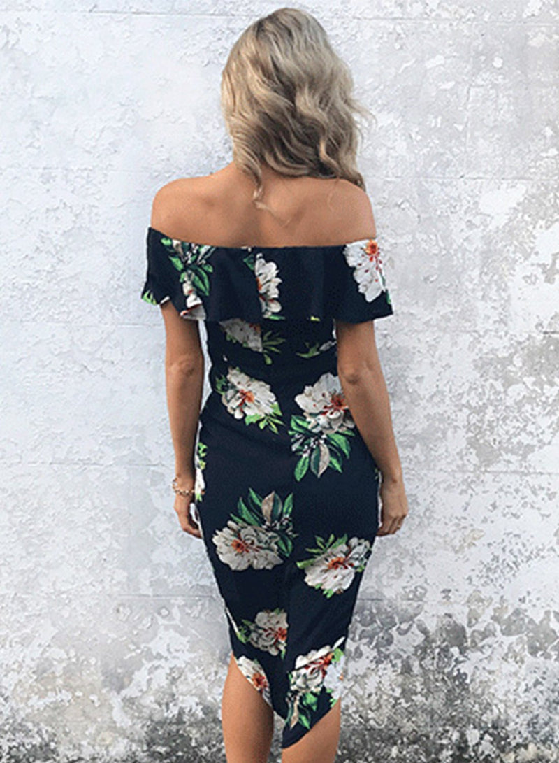 Off Shoulder Ruffle Slit Irregular Dress