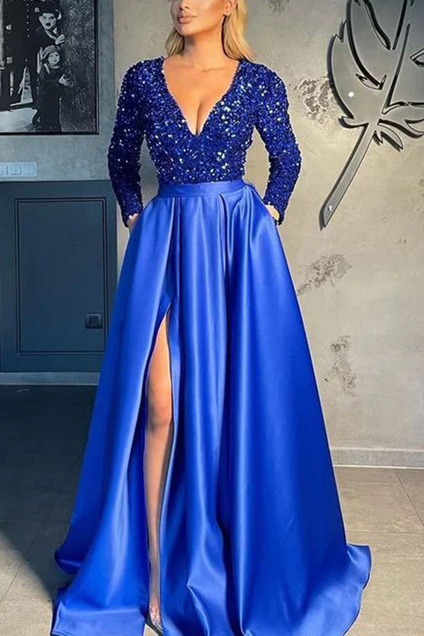 Gorgeous Long Sleeves V-Neck Sequins Satin Prom Dress