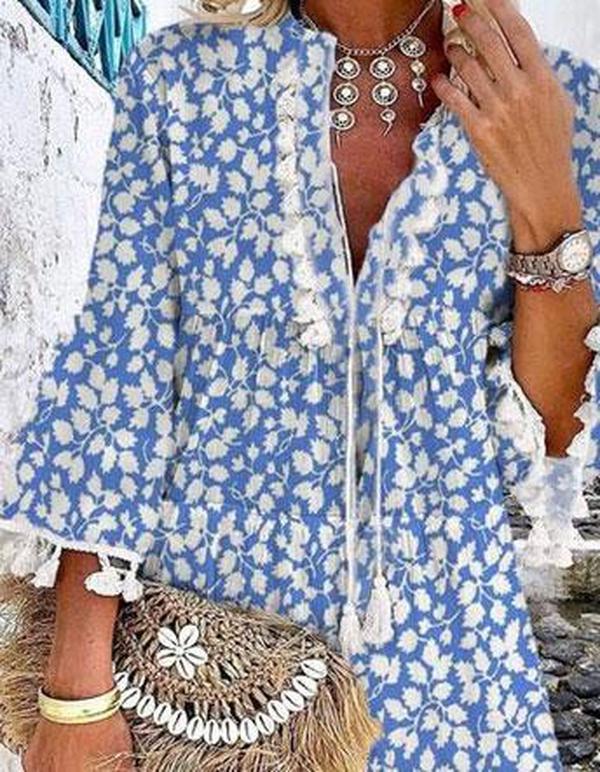 Robe Pampilles Ample Col V Imprimé Bleu Chic