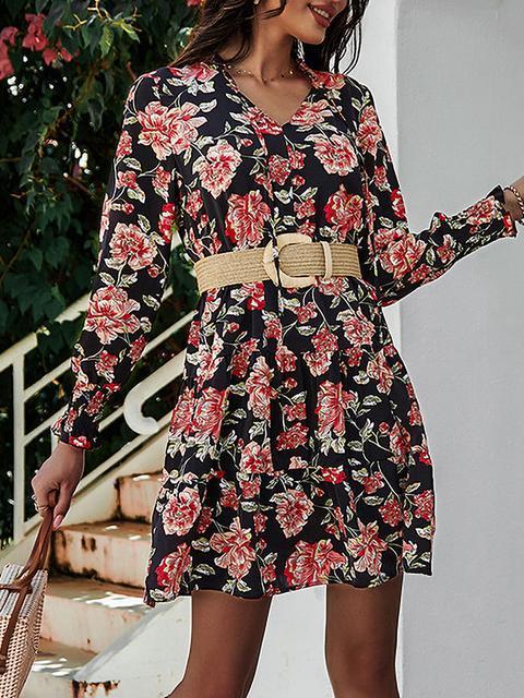 Robe Courte Manches Longues Col V Imprimé Floral