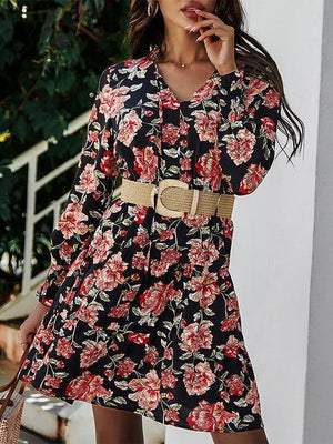 Robe Courte Manches Longues Col V Imprimé Floral