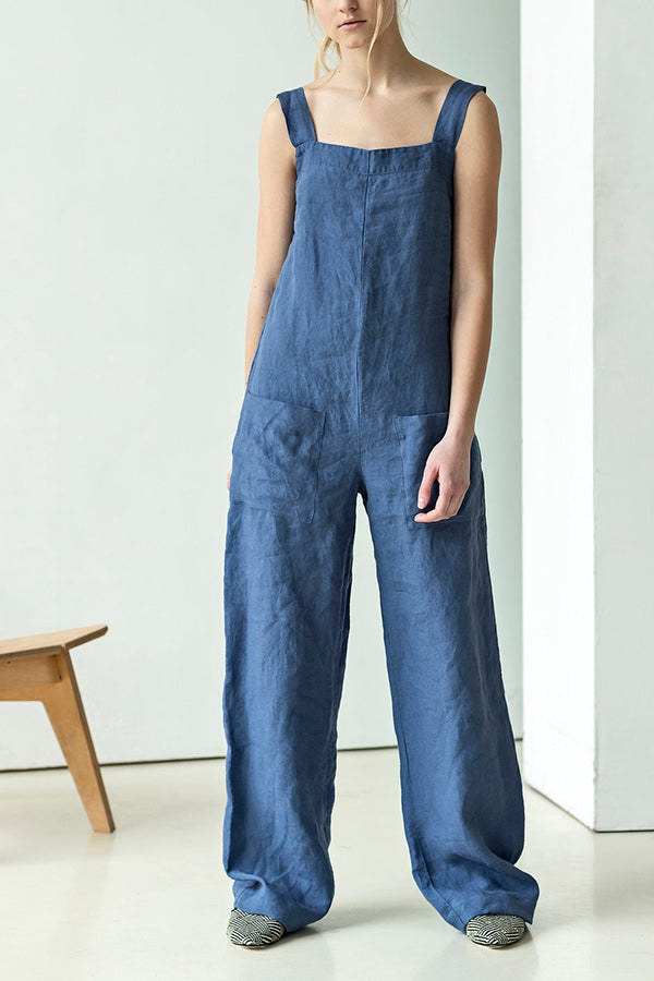 Square Neck Pockets Dungarees Jumpsuits