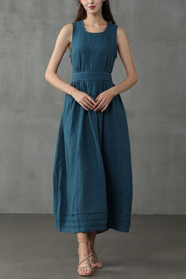 Cross Back O Neck Maxi Linen Dress