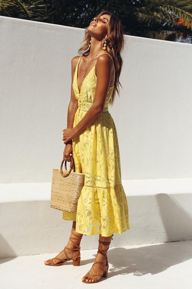 Robe à Volants en Dentelles Jaune