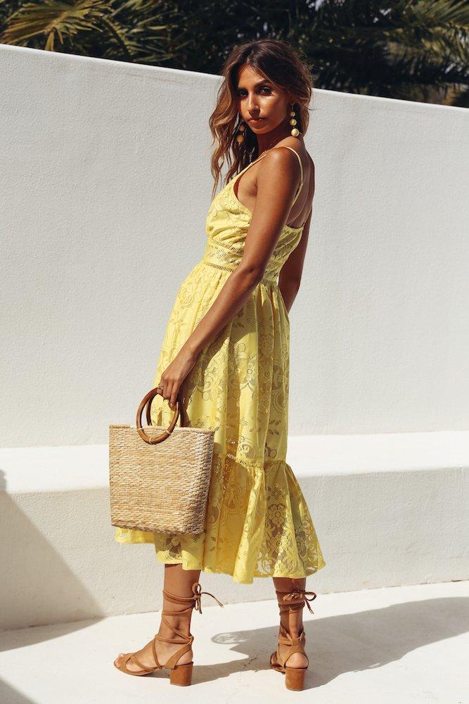 Robe à Volants en Dentelles Jaune