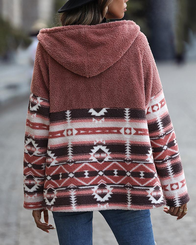 Veste à Capuche Manches Longues Géométriques Boutons en Corne