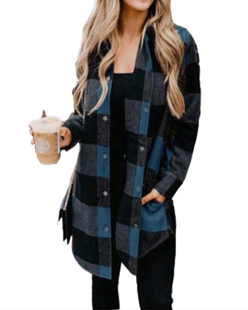 Long Sleeve Plaid Printed Long Jacket