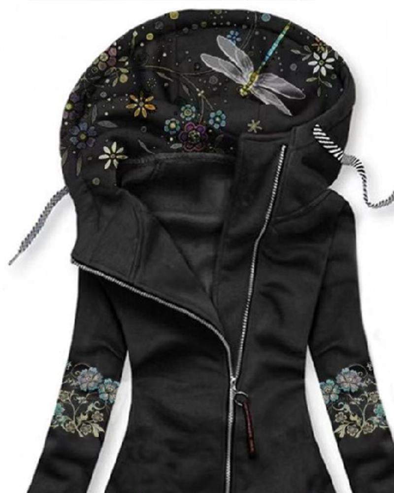 Printed Long Sleeve Zip Hooded Jacket