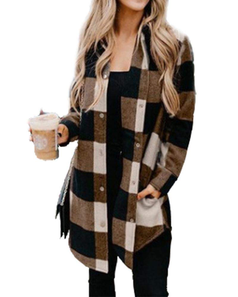 Long Sleeve Plaid Printed Long Jacket