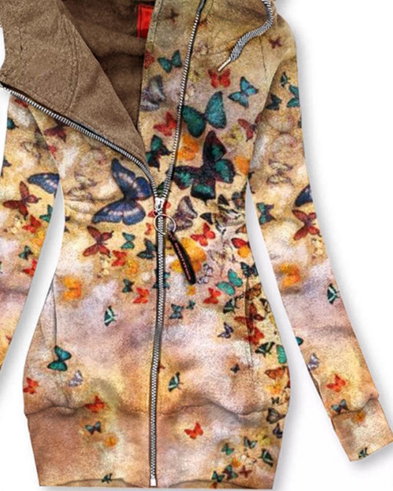 Printed Long Sleeve Zip Hooded Jacket