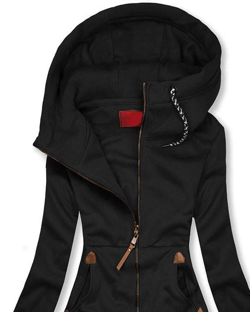 Casual Solid Color Long Sleeve Zipper Hooded Jacket