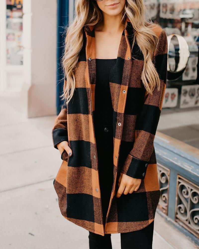 Long Sleeve Plaid Printed Long Jacket