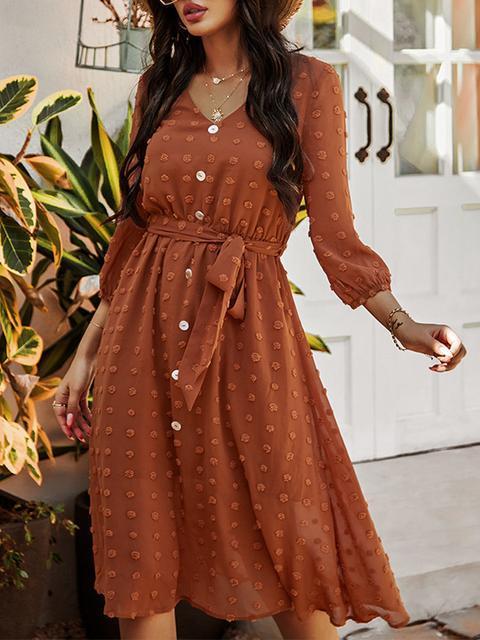 Robe Longue à Pois avec Ceinture et Boutons