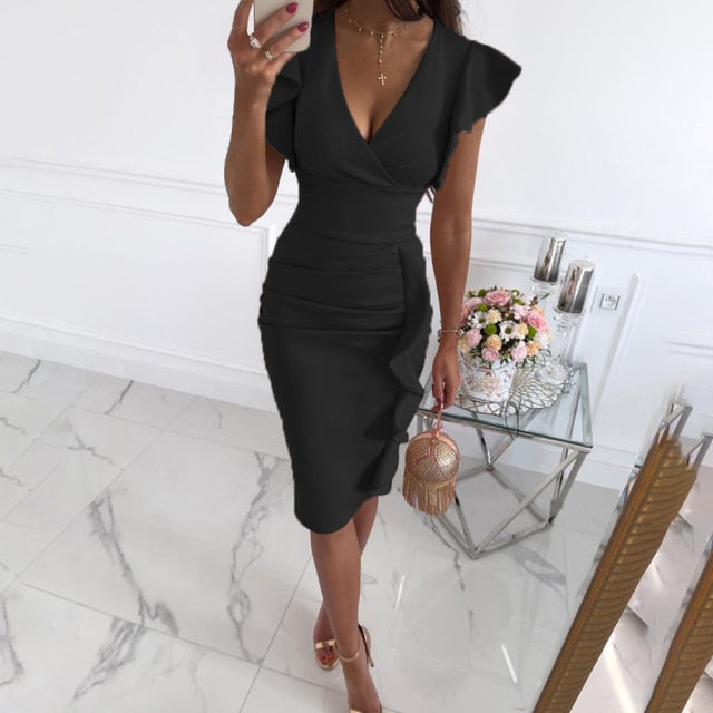 Robe Midi Moulante Sexy Col en V et Manches Courtes