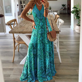 Robe Maxi Longue Bohème Imprimée Vintage Col en V Sexy