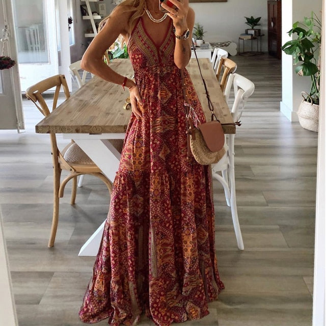 Robe Maxi Longue Bohème Imprimée Vintage Col en V Sexy