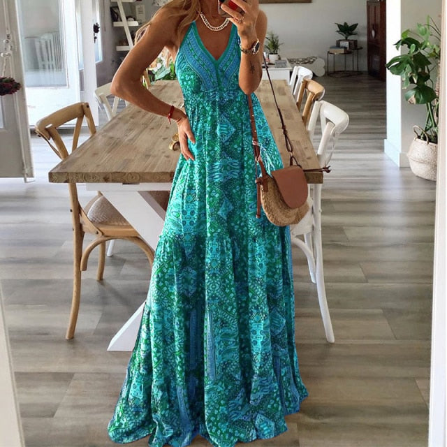 Robe Maxi Longue Bohème Imprimée Vintage Col en V Sexy