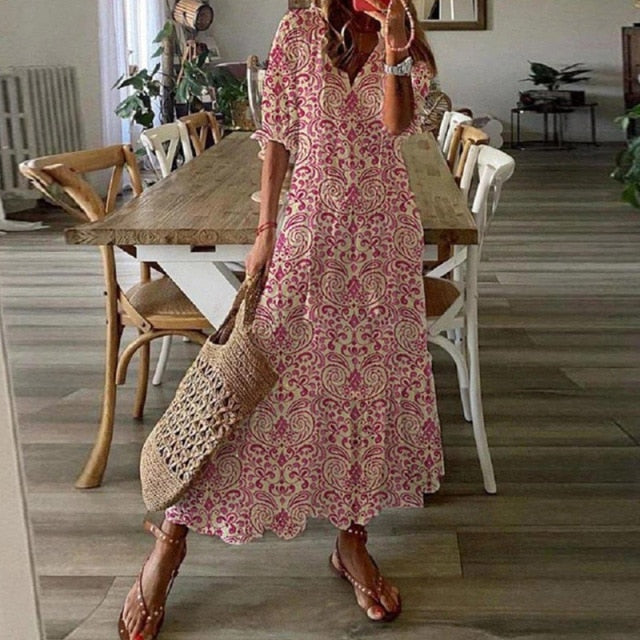 Robe Maxi Longue Bohème Imprimée Vintage Col en V Sexy