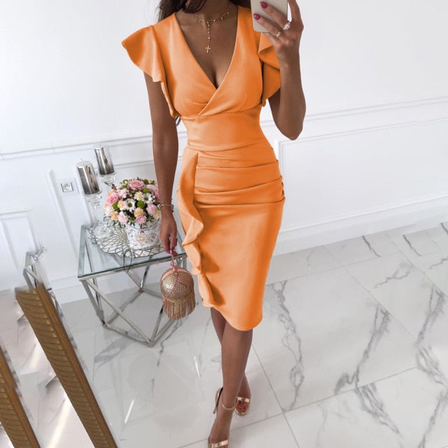 Robe Midi Moulante Sexy Col en V et Manches Courtes