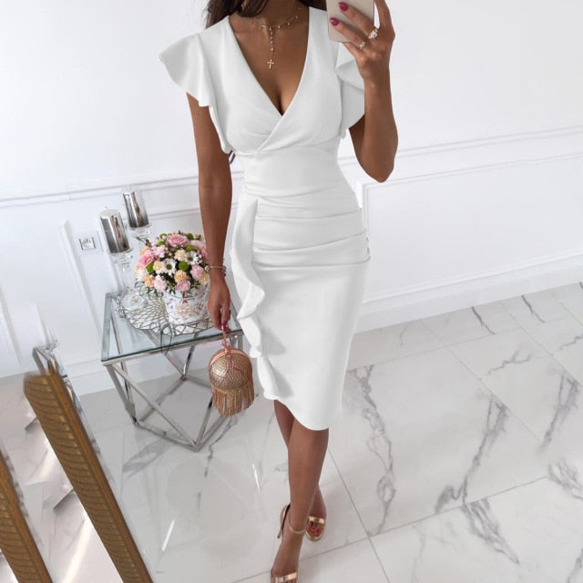 Robe Midi Moulante Sexy Col en V et Manches Courtes