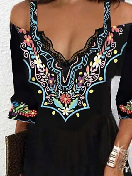 Women's Dresses Boho Print V-Neck Off-Shoulder Dress